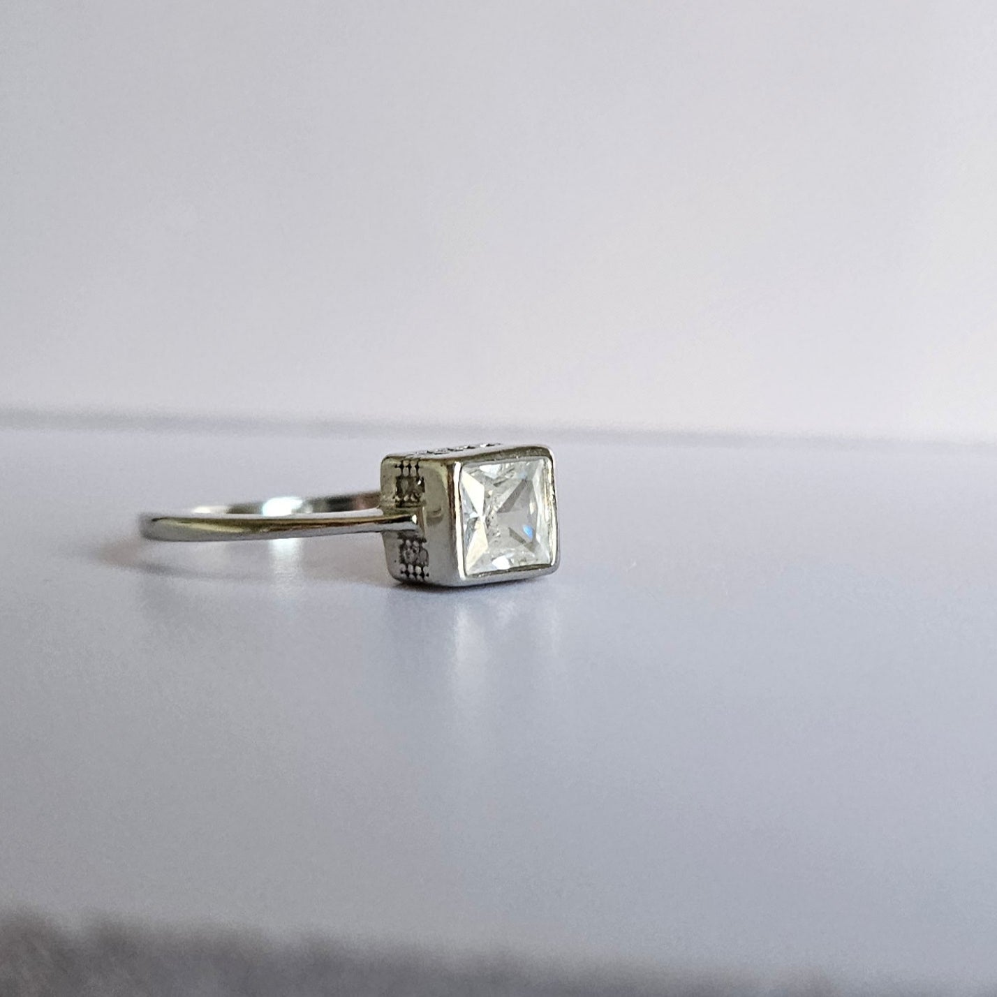 Square Cut Solitaire Silver Ring