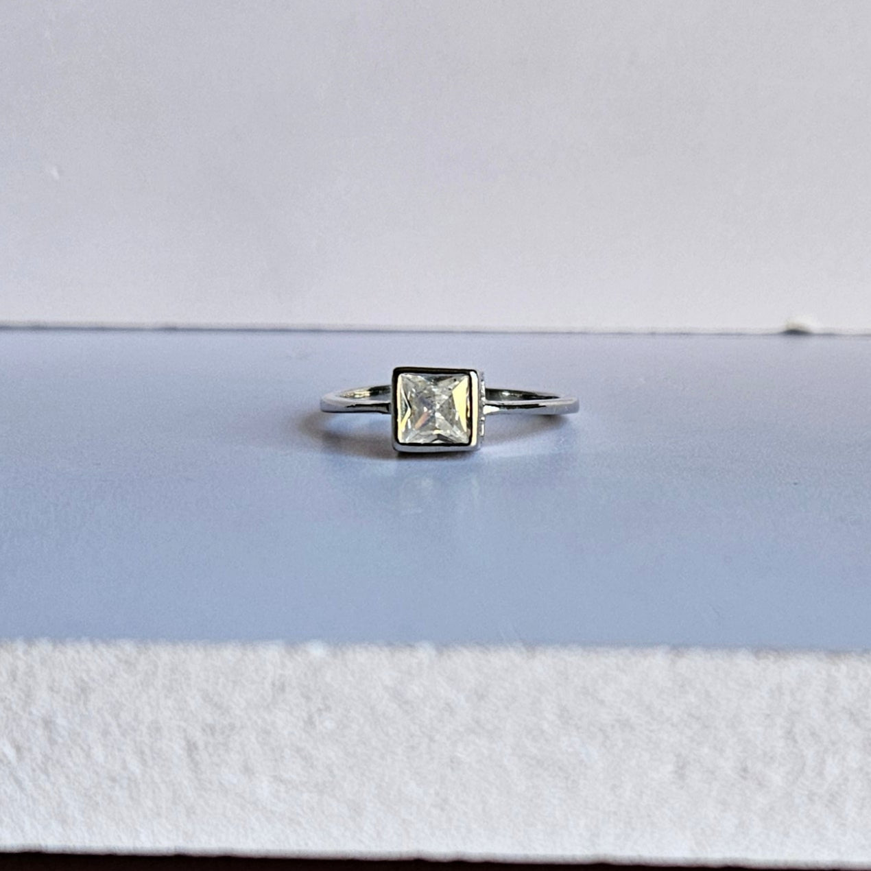 Square Cut Solitaire Silver Ring