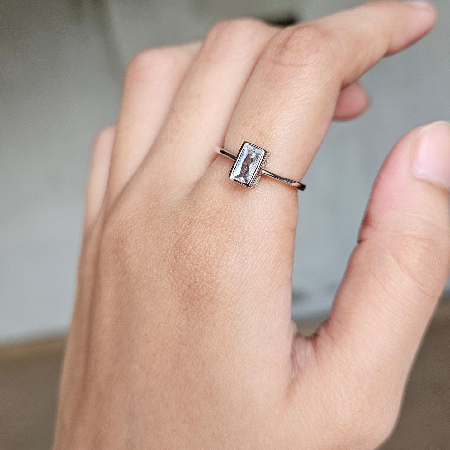Emerald Cut Solitaire Silver Ring