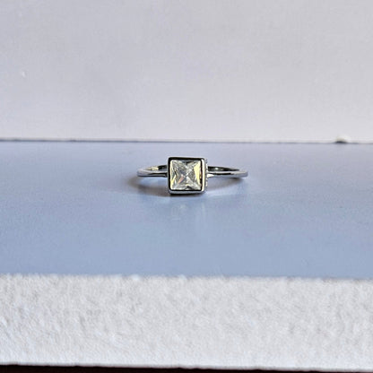 Square Cut Solitaire Silver Ring